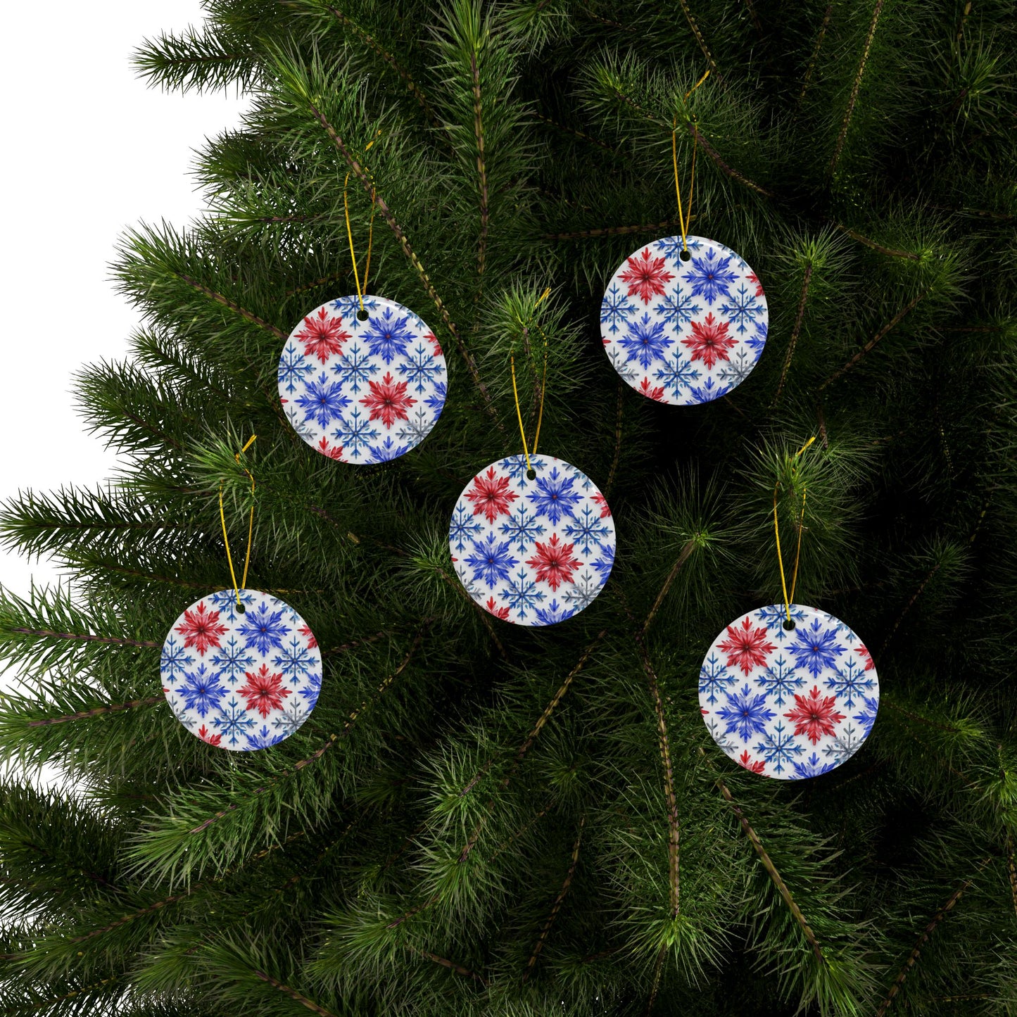 Buffalo Snowflake Watercolor Stripe Ceramic Ornament: 2-Side Print, Available in (1pc, 3pcs, 5pcs, 10pcs)