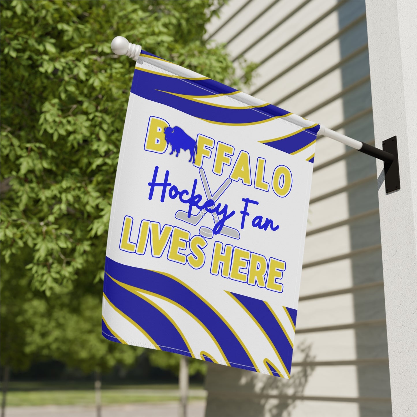 Buffalo Hockey Fan Lives Here  Animal Stripe Garden Flag