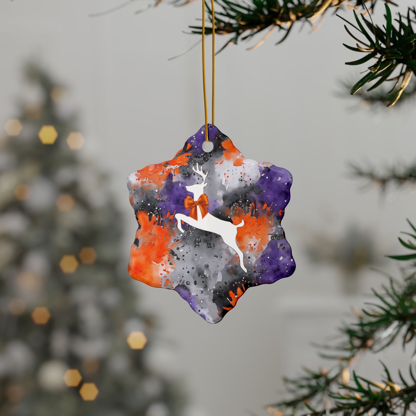 Buffalo Bandits Reindeer Watercolor Stripe Ceramic Ornament: 2-Side Print, Available in (1pc, 3pcs, 5pcs, 10pcs)