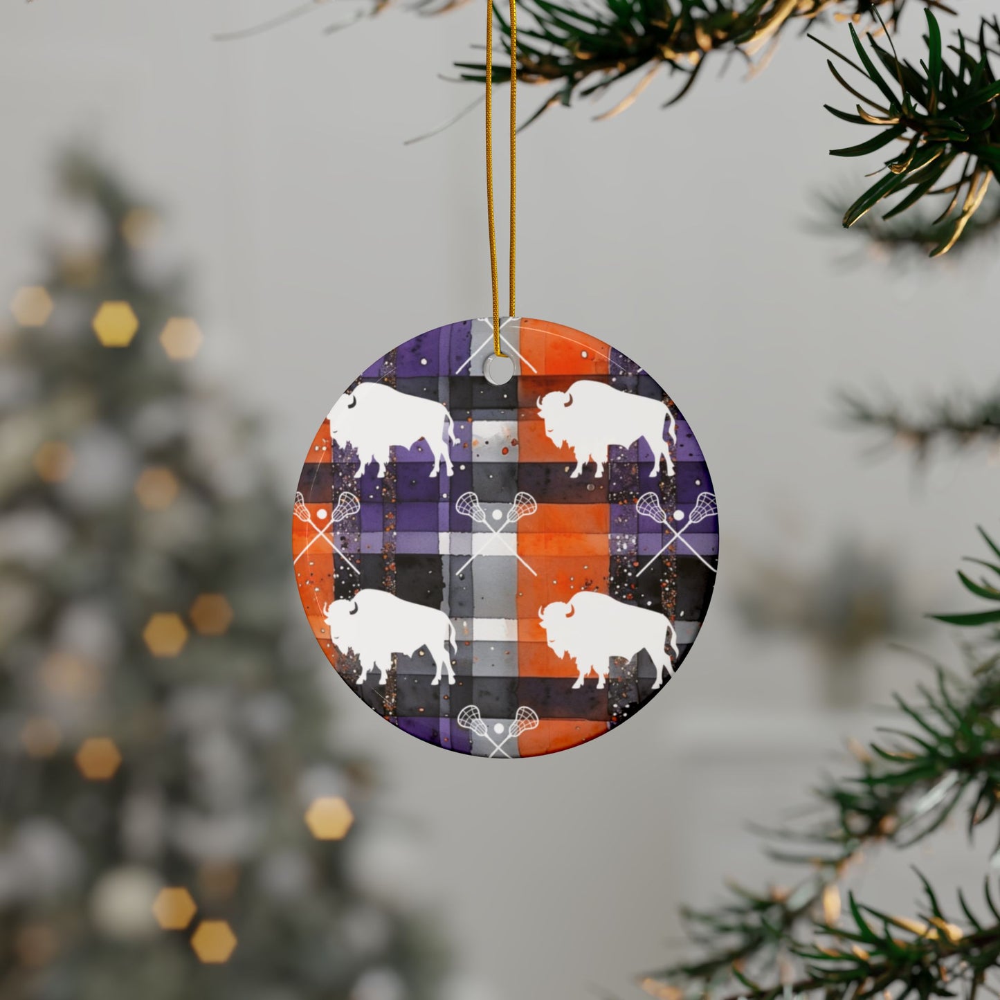 Buffalo Lacrosse Plaid Watercolor Ceramic Ornament: 2-Side Print, Available in (1pc, 3pcs, 5pcs, 10pcs)