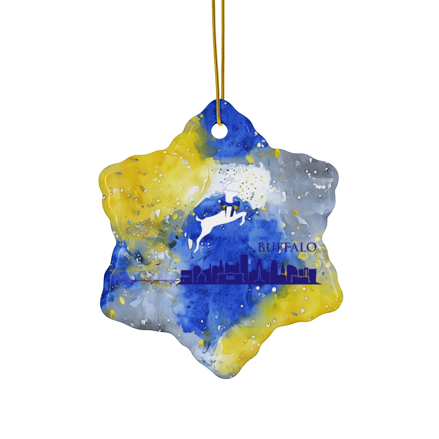 Blue & Gold City Watercolor Stripe Ceramic Ornament: 2-Side Print, Available in (1pc, 3pcs, 5pcs, 10pcs)