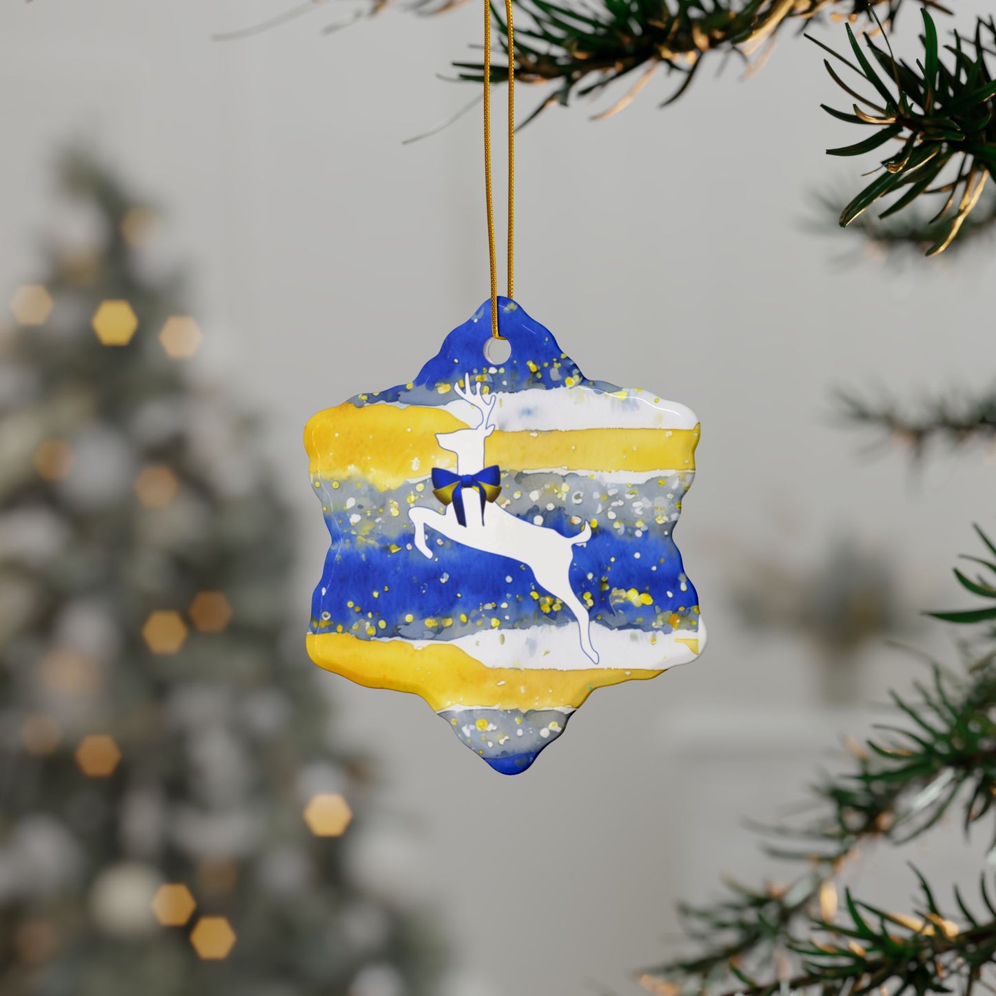 Buffalo Sabres Reindeer Watercolor Stripe Ceramic Ornament: 2-Side Print, Available in (1pc, 3pcs, 5pcs, 10pcs)