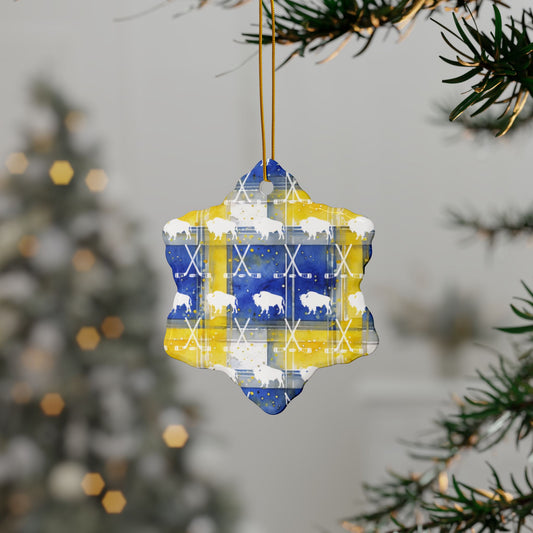 Buffalo Blue & Gold Plaid Watercolor Ceramic Ornament: 2-Side Print, Available in (1pc, 3pcs, 5pcs, 10pcs)