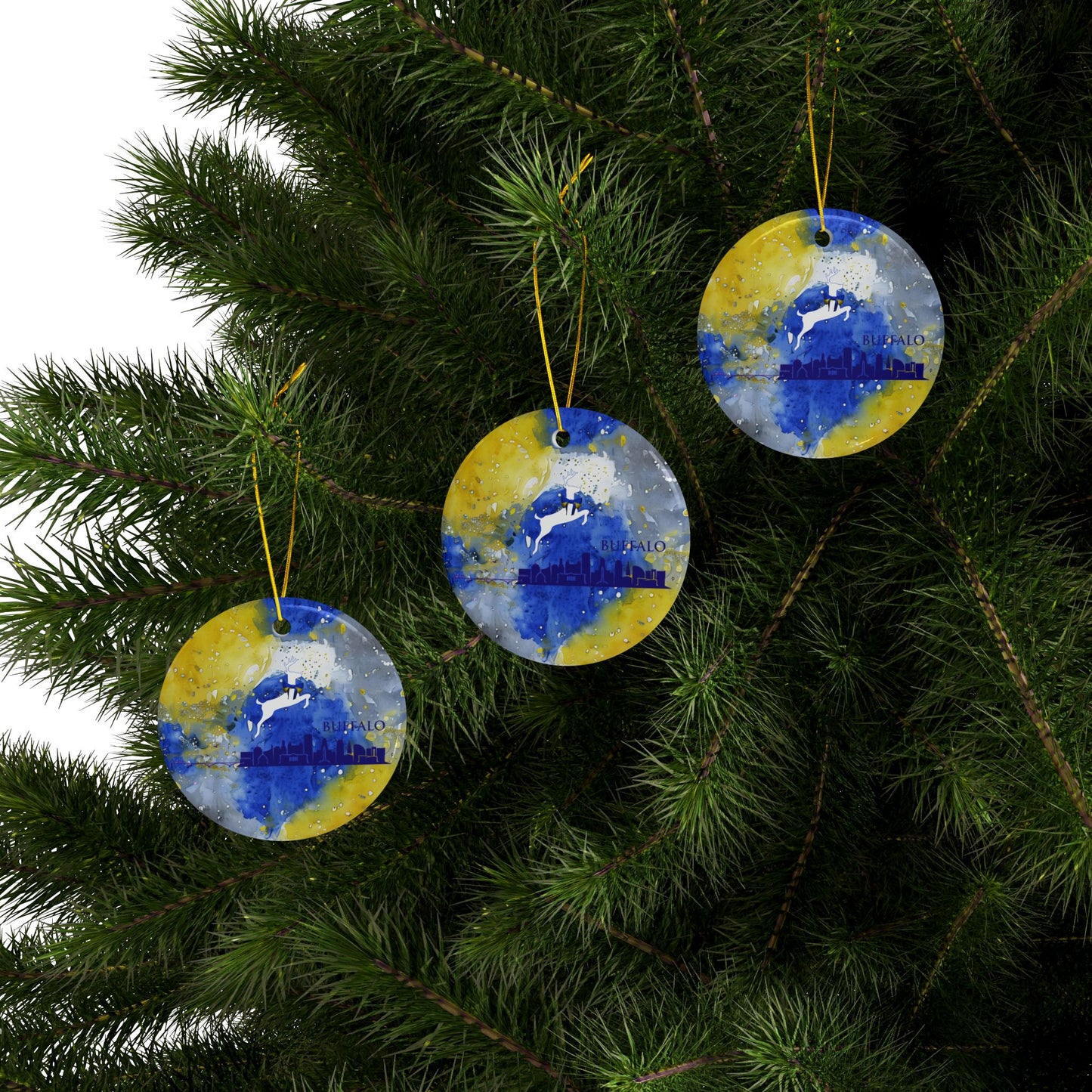 Blue & Gold City Watercolor Stripe Ceramic Ornament: 2-Side Print, Available in (1pc, 3pcs, 5pcs, 10pcs)