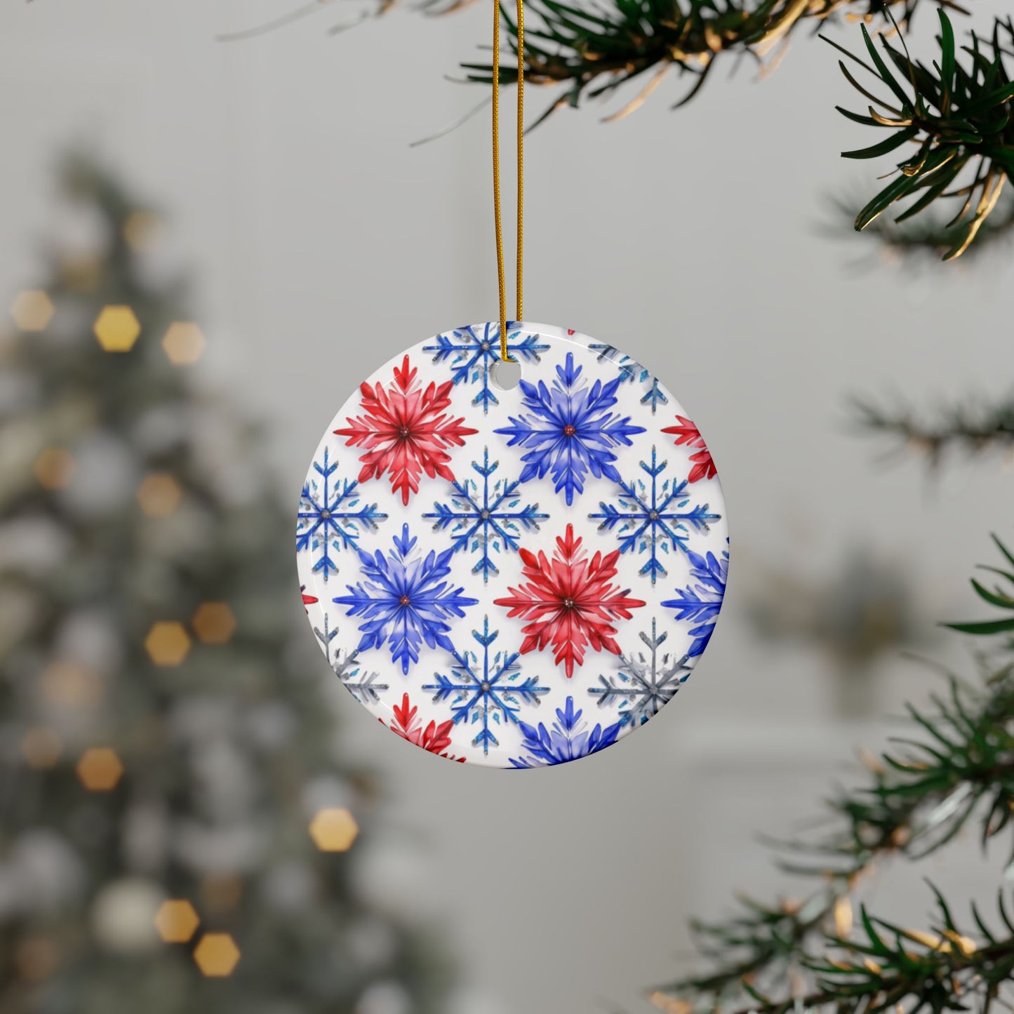 Buffalo Snowflake Watercolor Stripe Ceramic Ornament: 2-Side Print, Available in (1pc, 3pcs, 5pcs, 10pcs)