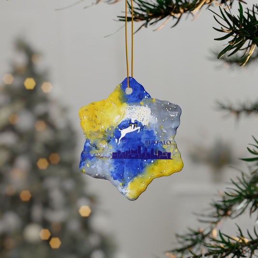 Blue & Gold City Watercolor Stripe Ceramic Ornament: 2-Side Print, Available in (1pc, 3pcs, 5pcs, 10pcs)