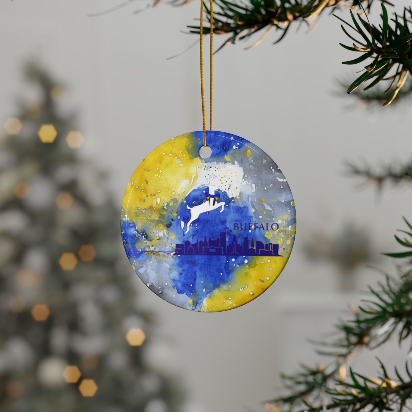 Blue & Gold City Watercolor Stripe Ceramic Ornament: 2-Side Print, Available in (1pc, 3pcs, 5pcs, 10pcs)