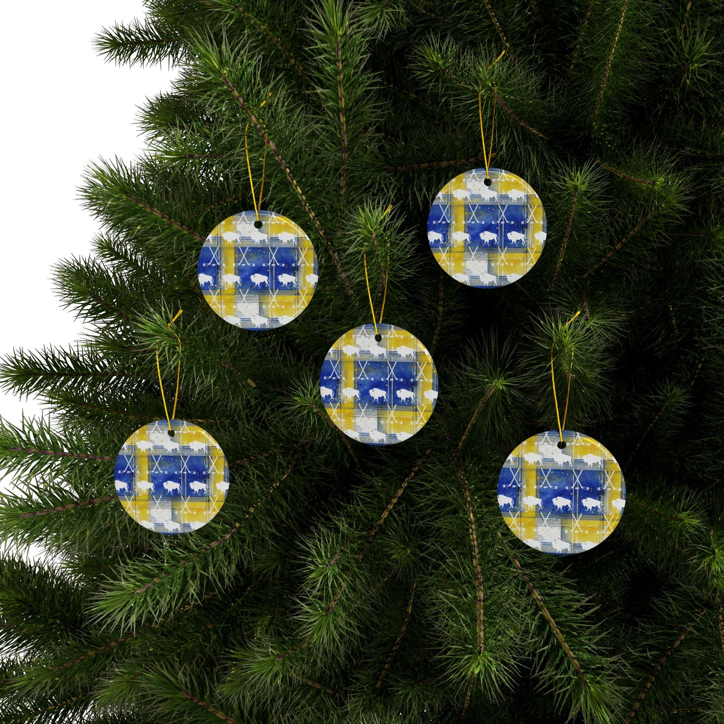 Buffalo Blue & Gold Plaid Watercolor Ceramic Ornament: 2-Side Print, Available in (1pc, 3pcs, 5pcs, 10pcs)