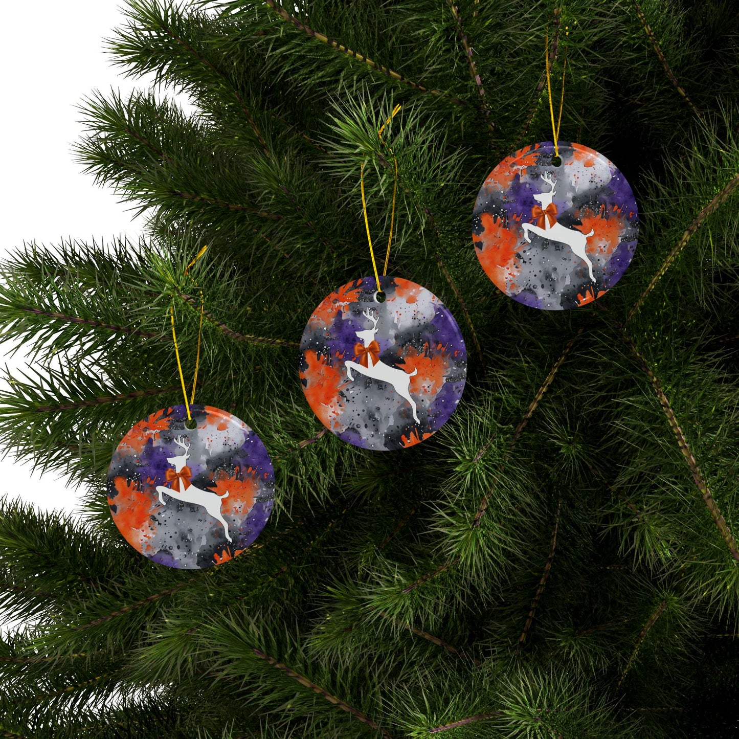 Buffalo Bandits Reindeer Watercolor Stripe Ceramic Ornament: 2-Side Print, Available in (1pc, 3pcs, 5pcs, 10pcs)