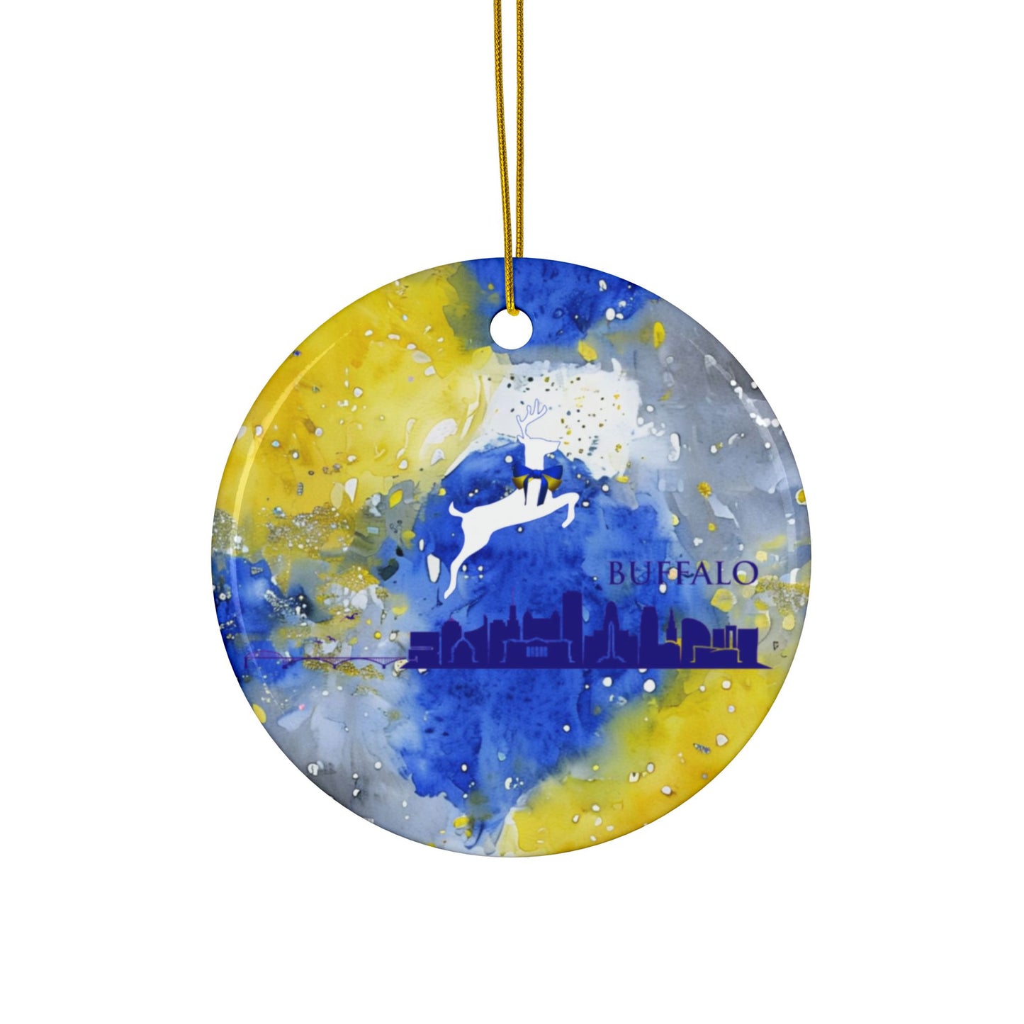 Blue & Gold City Watercolor Stripe Ceramic Ornament: 2-Side Print, Available in (1pc, 3pcs, 5pcs, 10pcs)